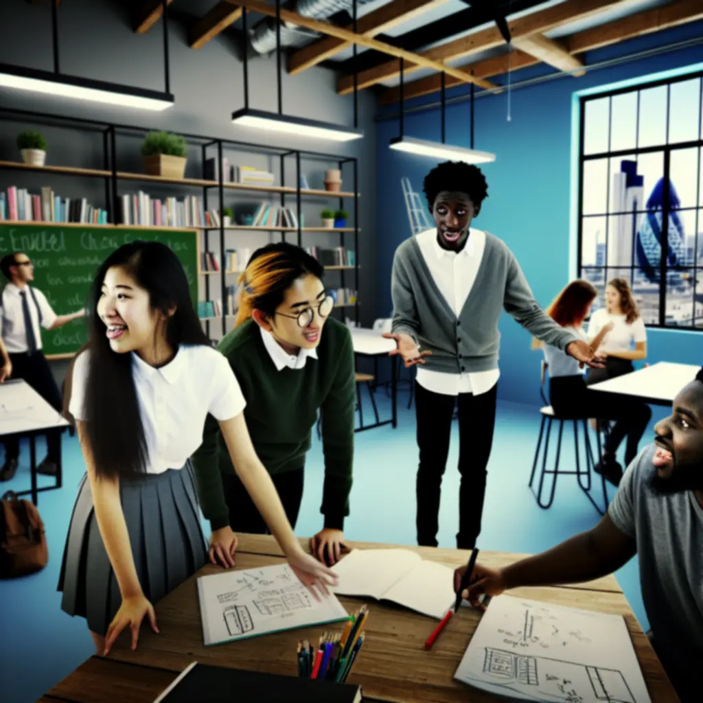 Students collaborating around a table with laptops and notebooks in a modern classroom