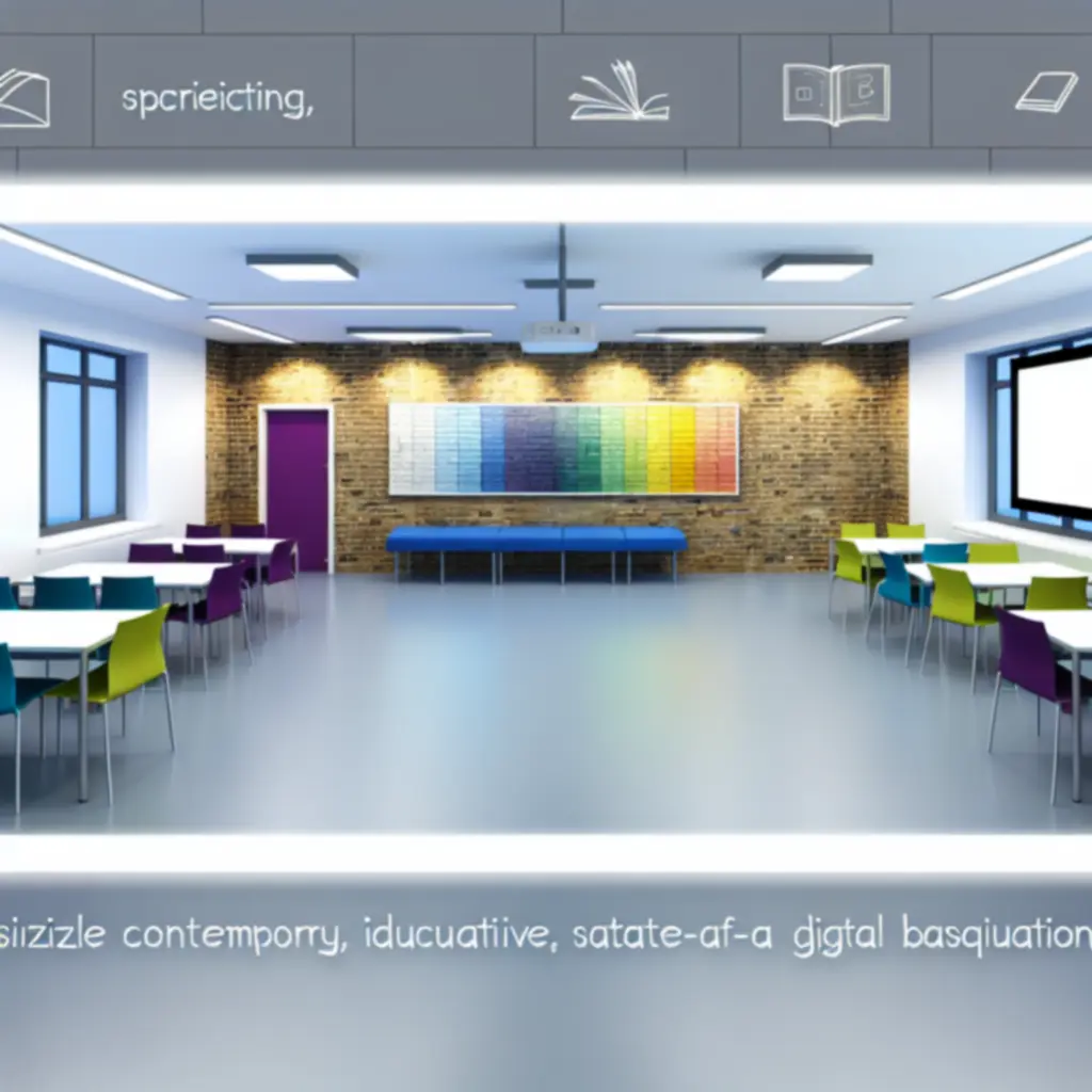 Bright, modern classroom with collaborative seating and digital screens